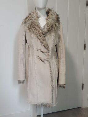 Women's Cream Shearling-Trim Long Coat